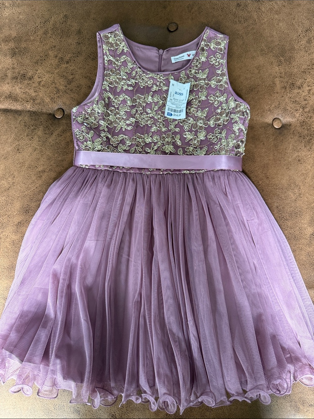 Beautees Mauve Tulle Dress with Gold Floral Embroidery